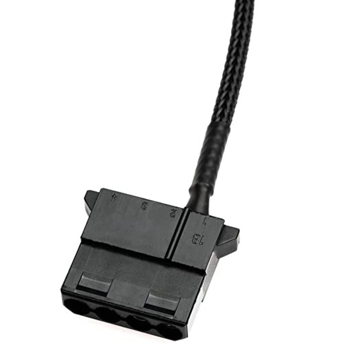 Black braided adapter cable with 4-pin Molex connector end and snap tabs