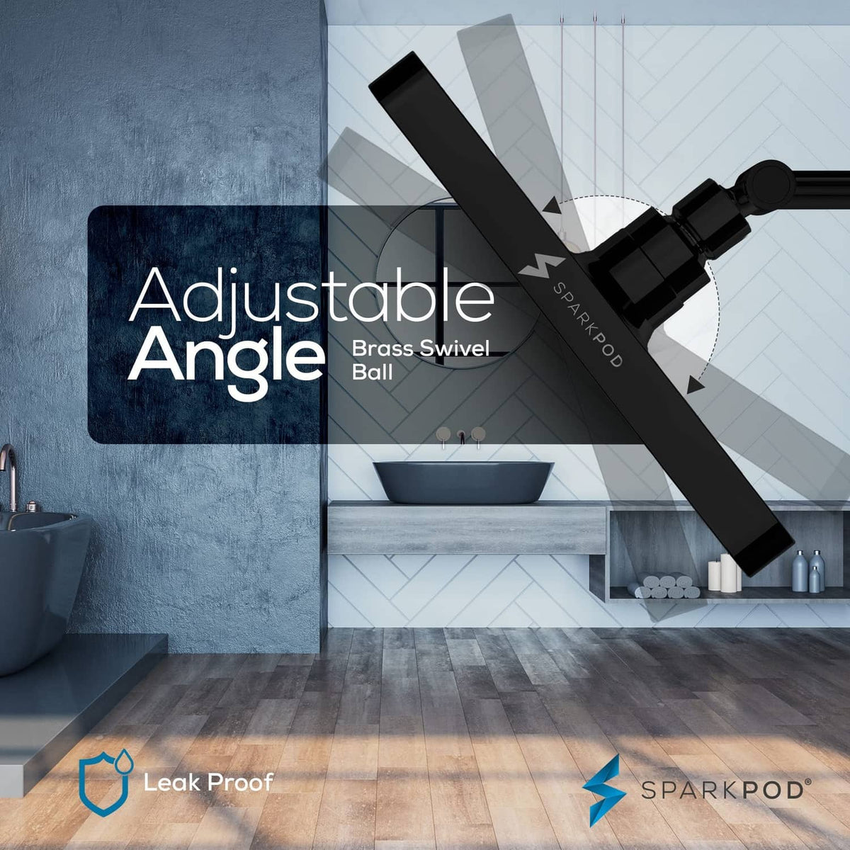 Matte black adjustable-angle 8-inch square rain shower head with swivel ball