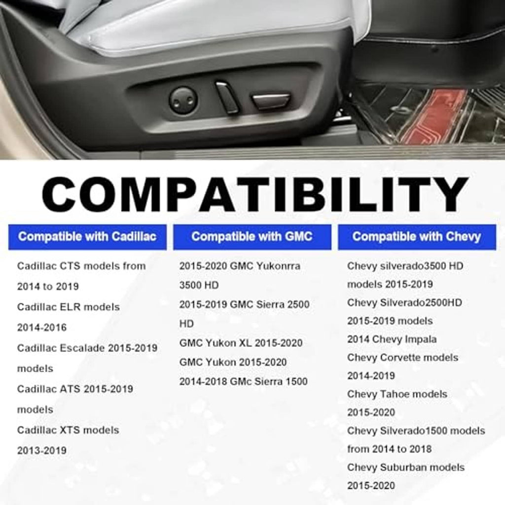 Power seat adjustment switch compatibility panel with control buttons and model list