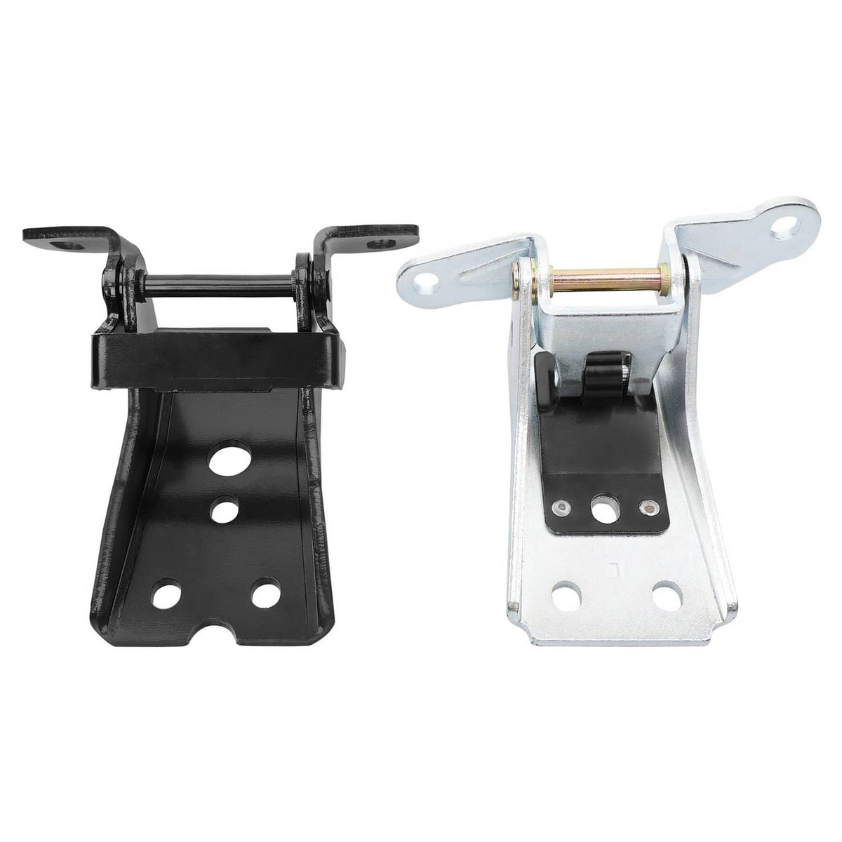 Set of two door hinges, upper and lower, left and right, black and silver metal