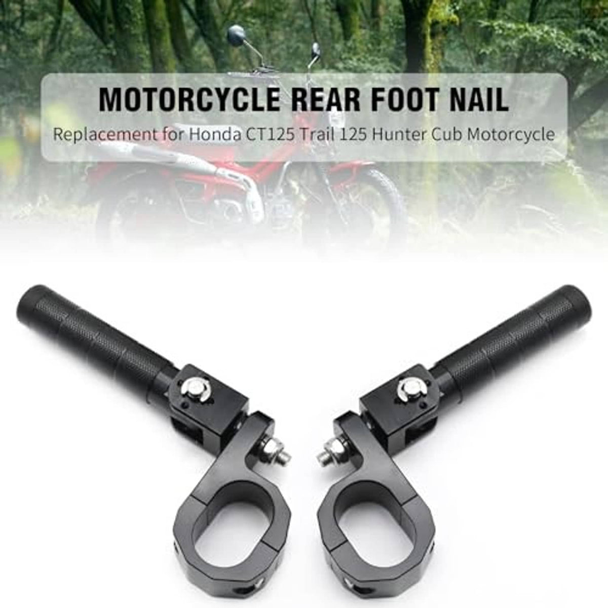 Pair of black motorcycle rear foot peg pedals with textured grips and mounting brackets