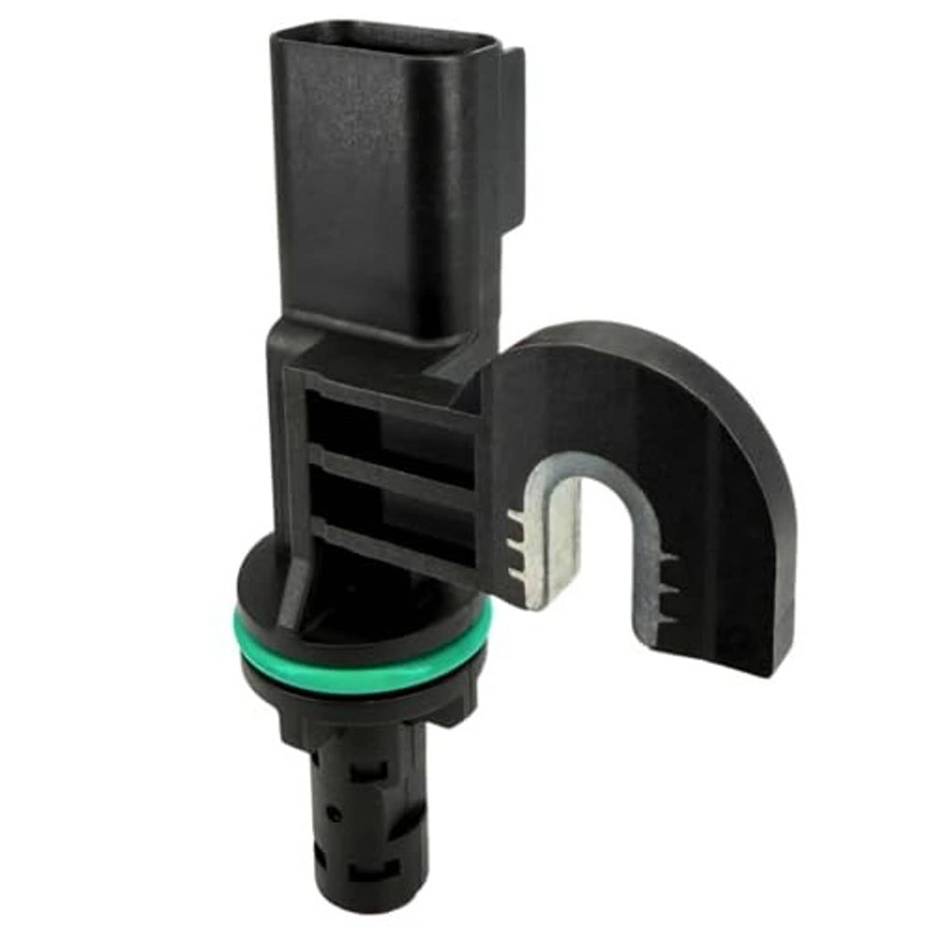 Camshaft position sensor with black housing, green seal ring, and curved U-clip connector