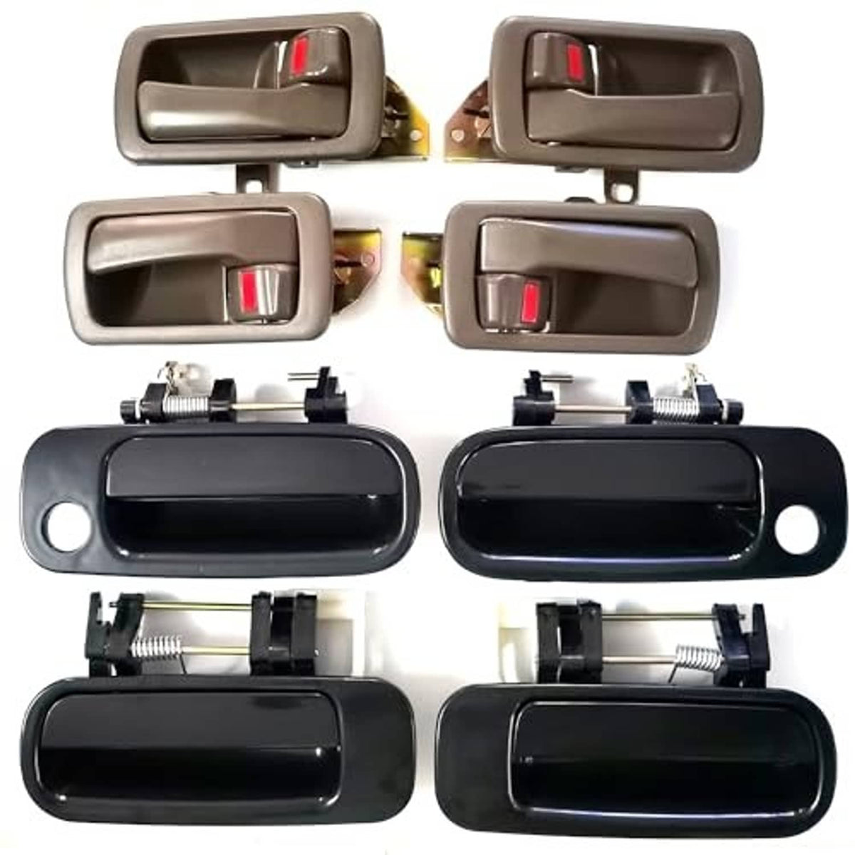 Set of 8 door handles, gray and black with red lock buttons, assorted front and side views