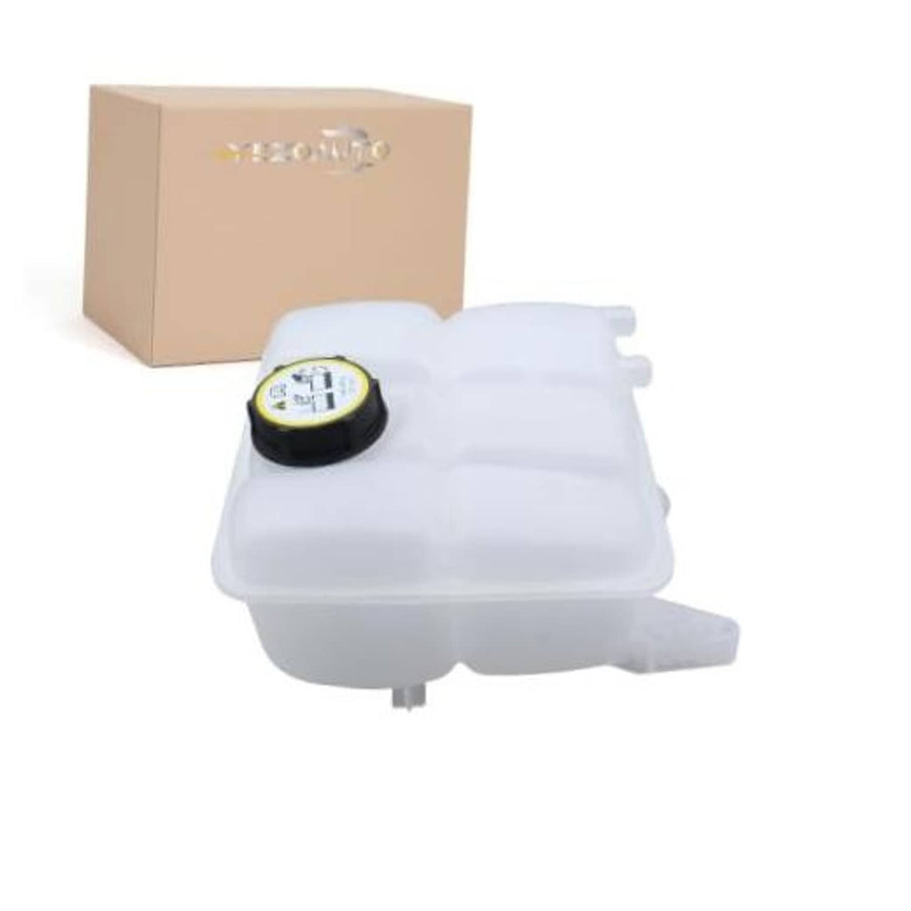Pressurized coolant reservoir with black cap and translucent white plastic tank
