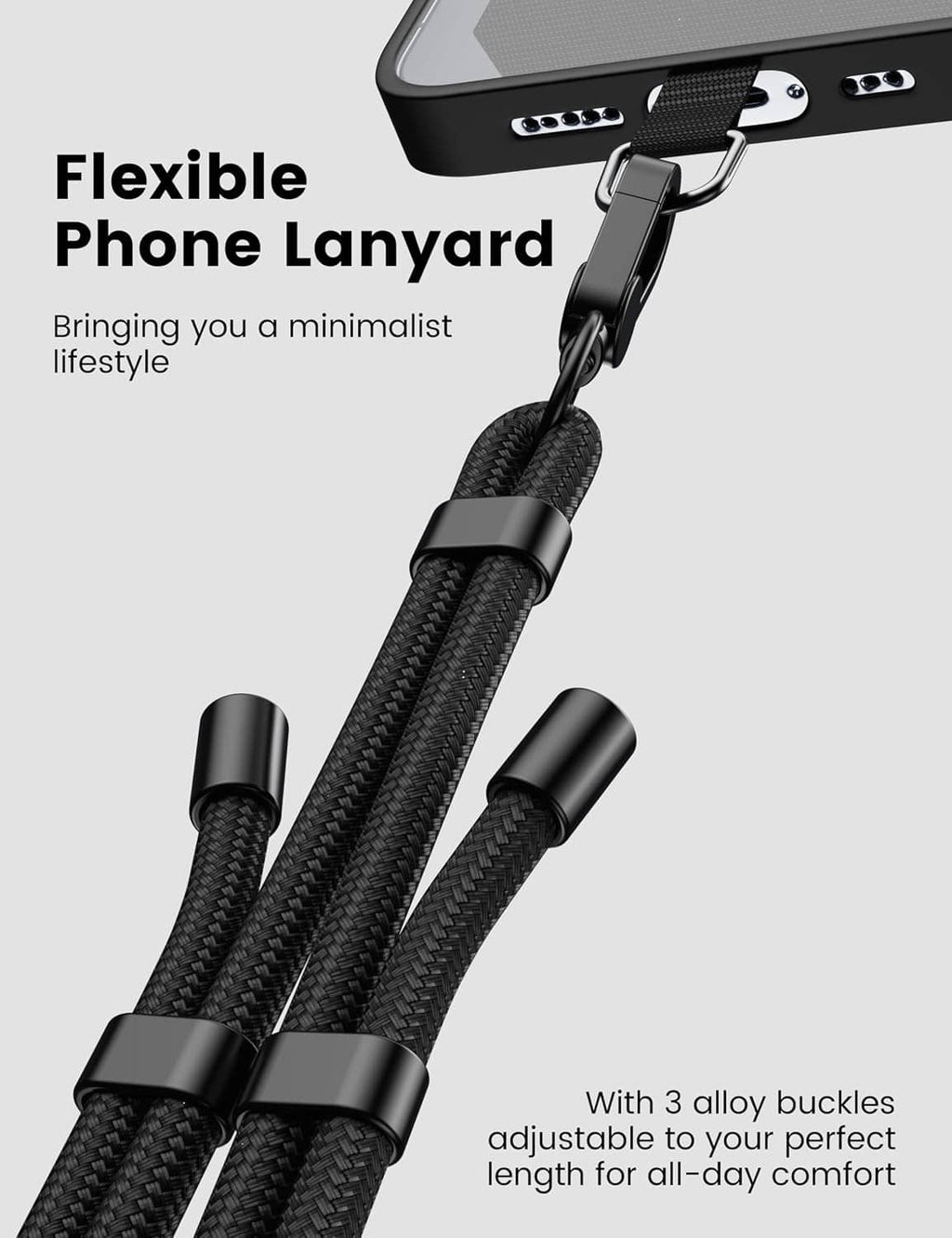 Flexible black phone lanyard with braided texture and three adjustable buckles