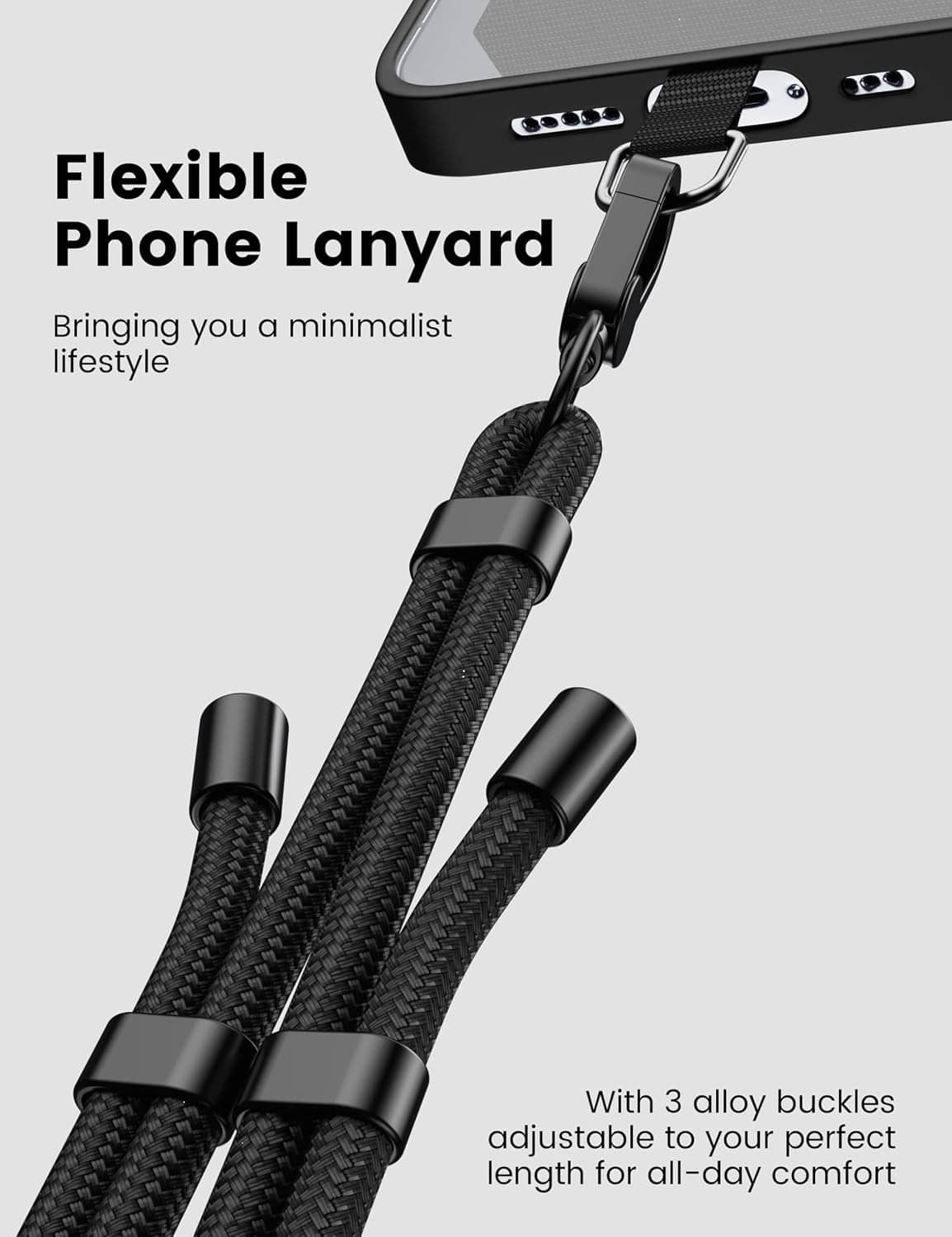 Flexible black phone lanyard with braided texture and three adjustable buckles
