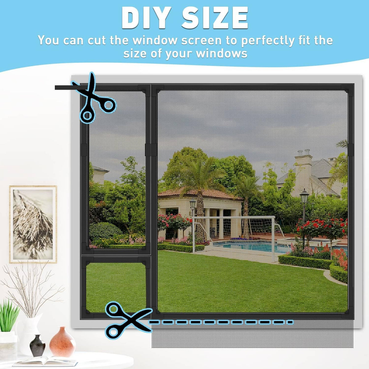 Black framed magnetic window screen with fine mesh on window opening