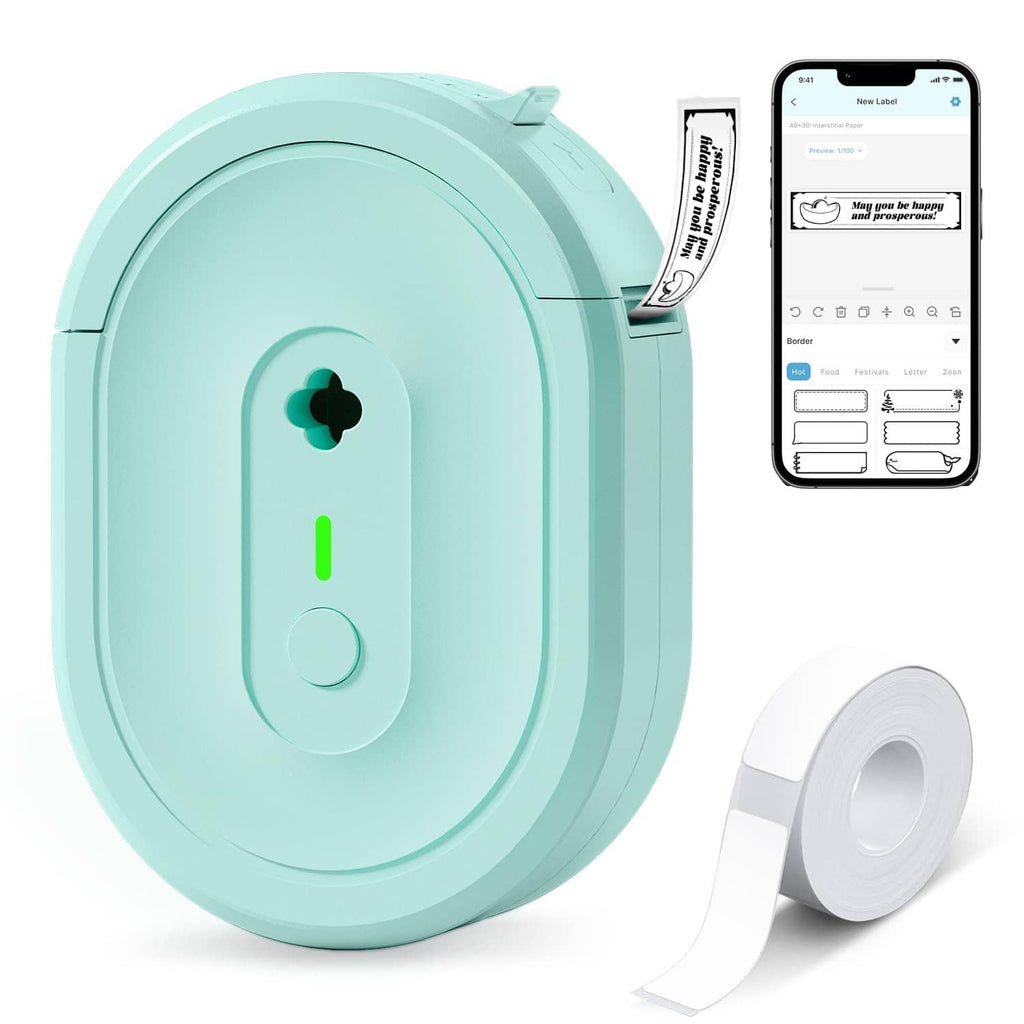 Turquoise N12 label maker with label tape roll and smartphone app preview
