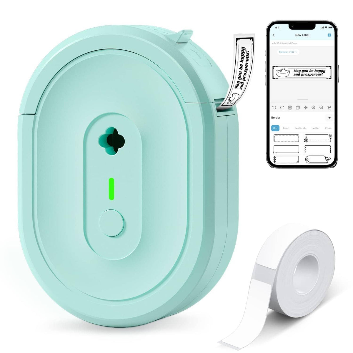 Turquoise N12 label maker with label tape roll and smartphone app preview
