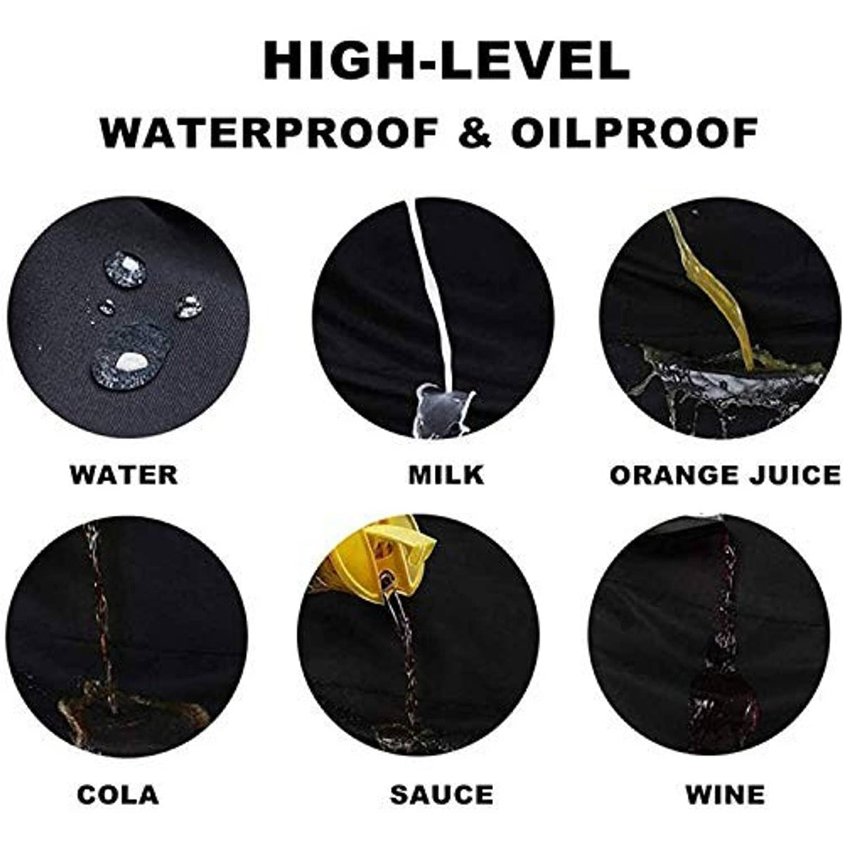 Waterproof and oilproof apron fabric shown with stain-resistance icons.