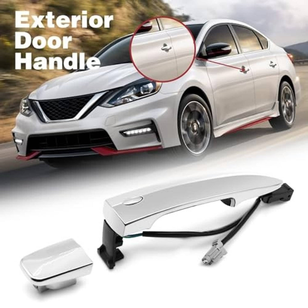 Exterior door handle with black end caps and silver lever, including wiring harness