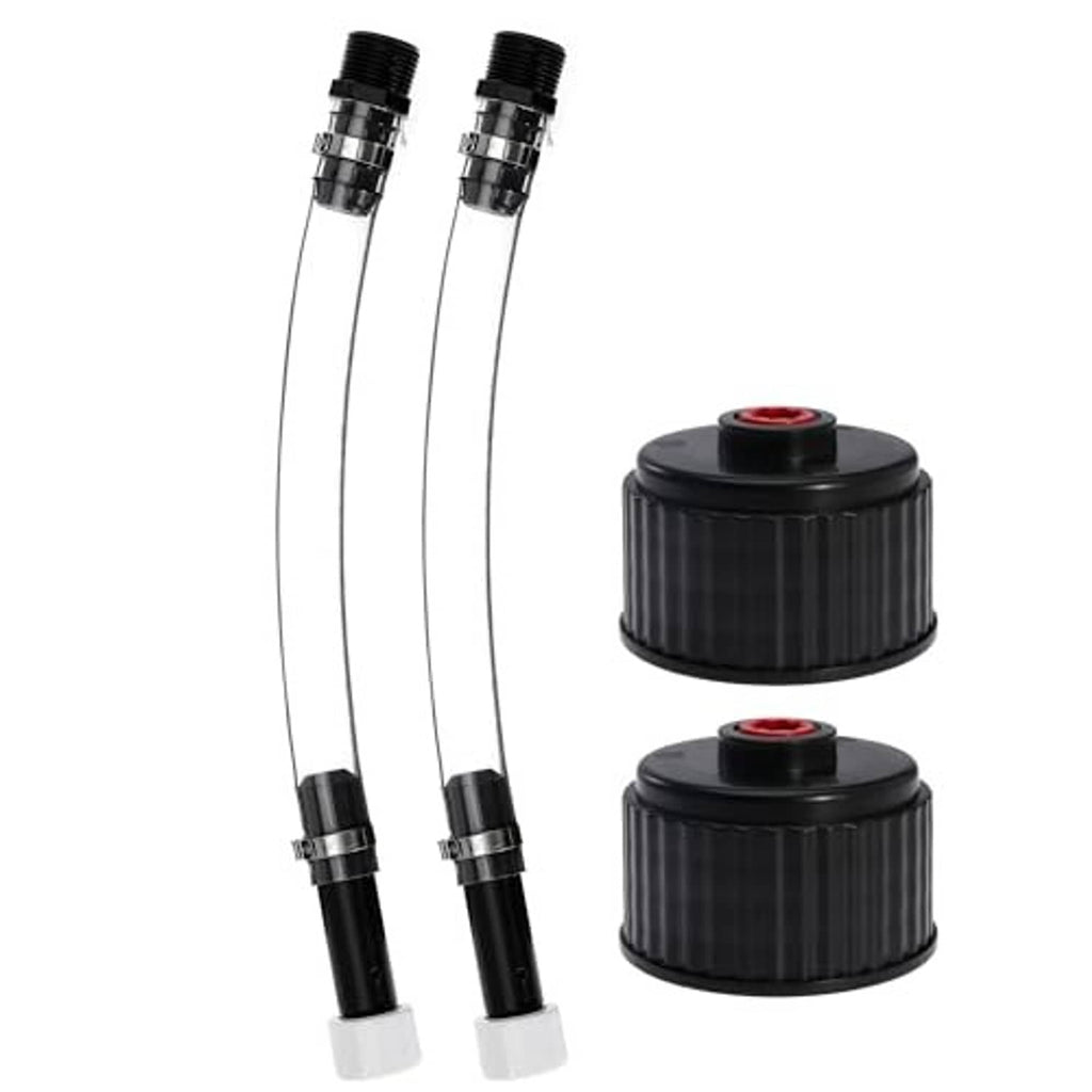 Fuel filler hoses with threaded ends and two black ribbed caps with red centers