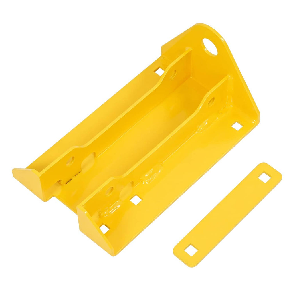 Yellow towing hitch bracket with mounting holes and matching strap