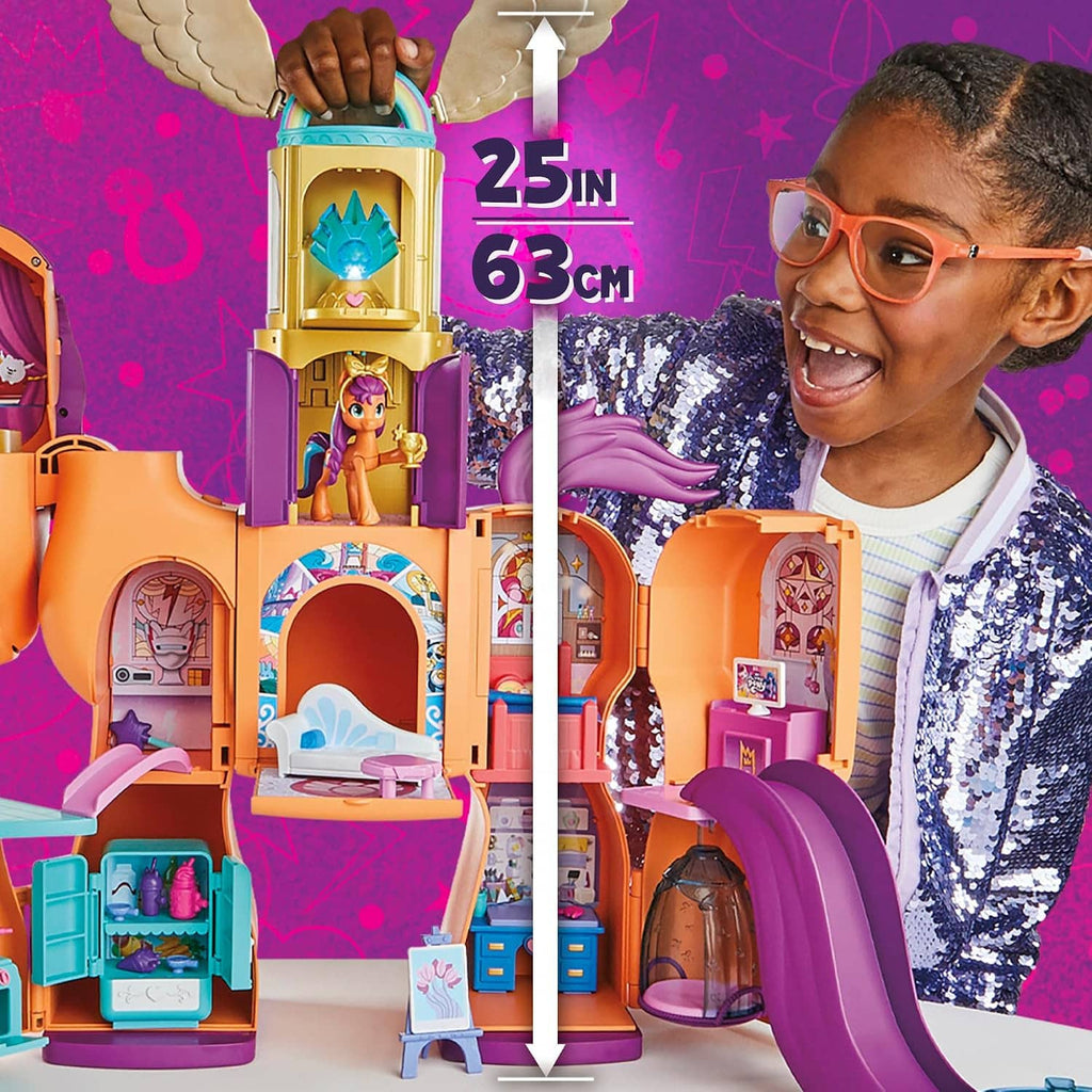 Purple and orange 25-inch transforming doll playset with open rooms and mini figures
