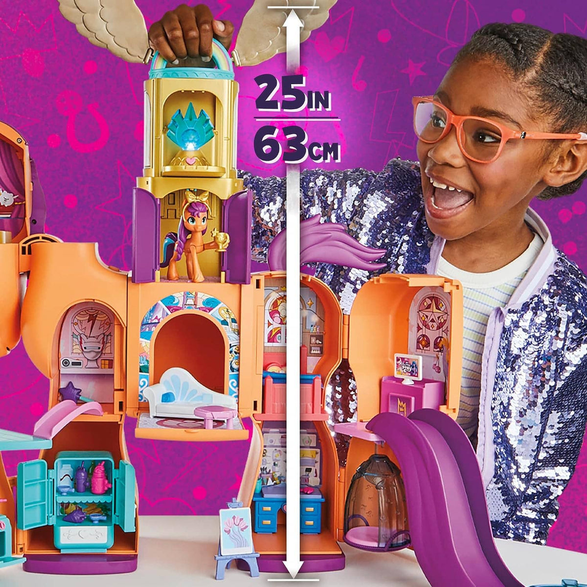 Purple and orange 25-inch transforming doll playset with open rooms and mini figures