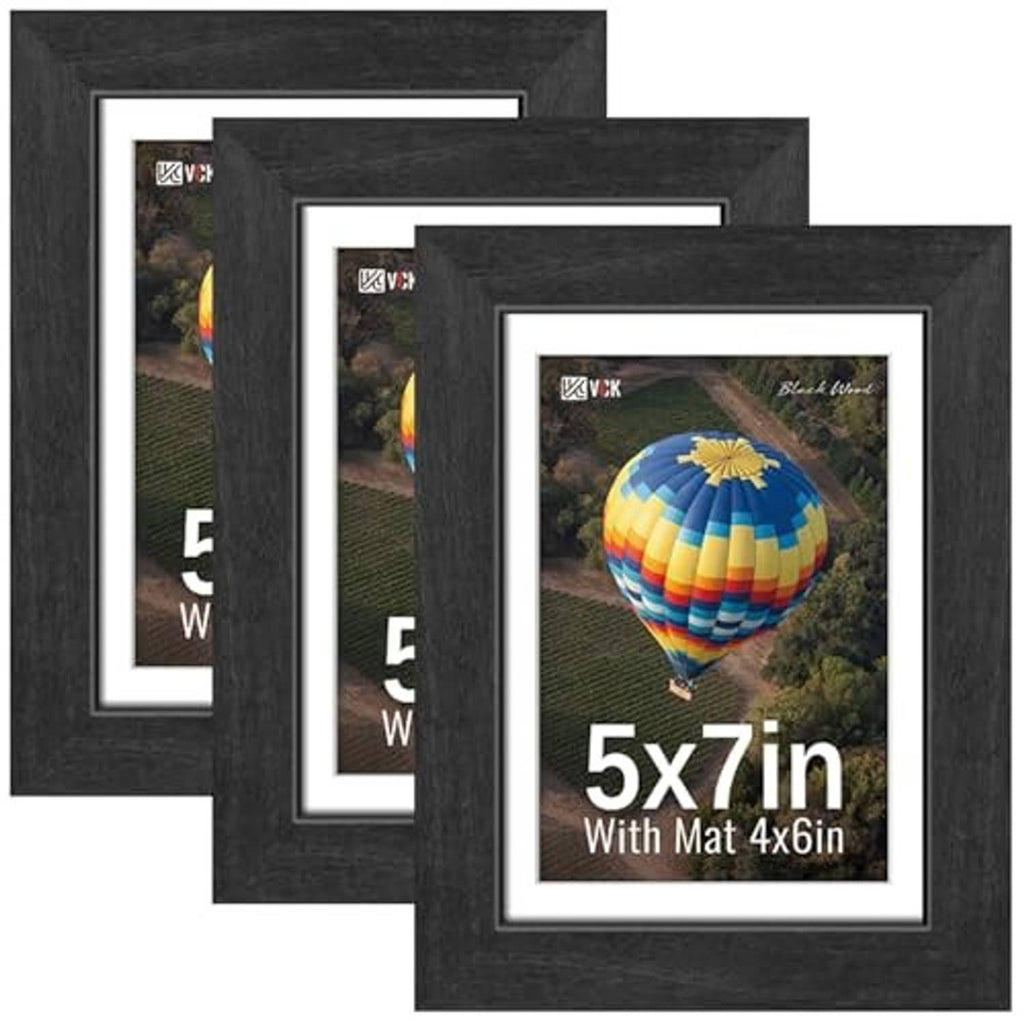 Black 5x7 wood picture frames with white mat insert for 4x6 photos, angled front