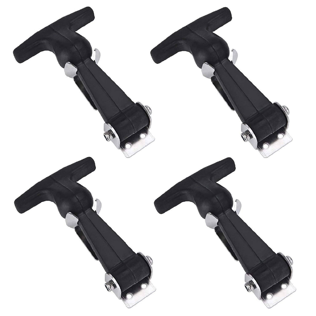 Set of four black rubber T-handle draw latches with metal mounting plates