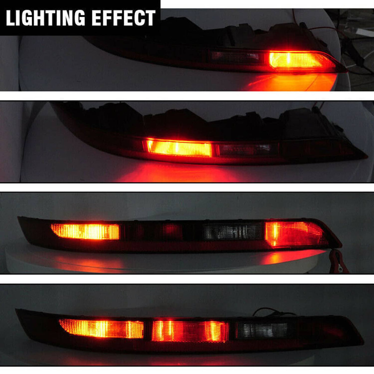 Rear bumper lamp illuminated with red and amber light segments across the lens