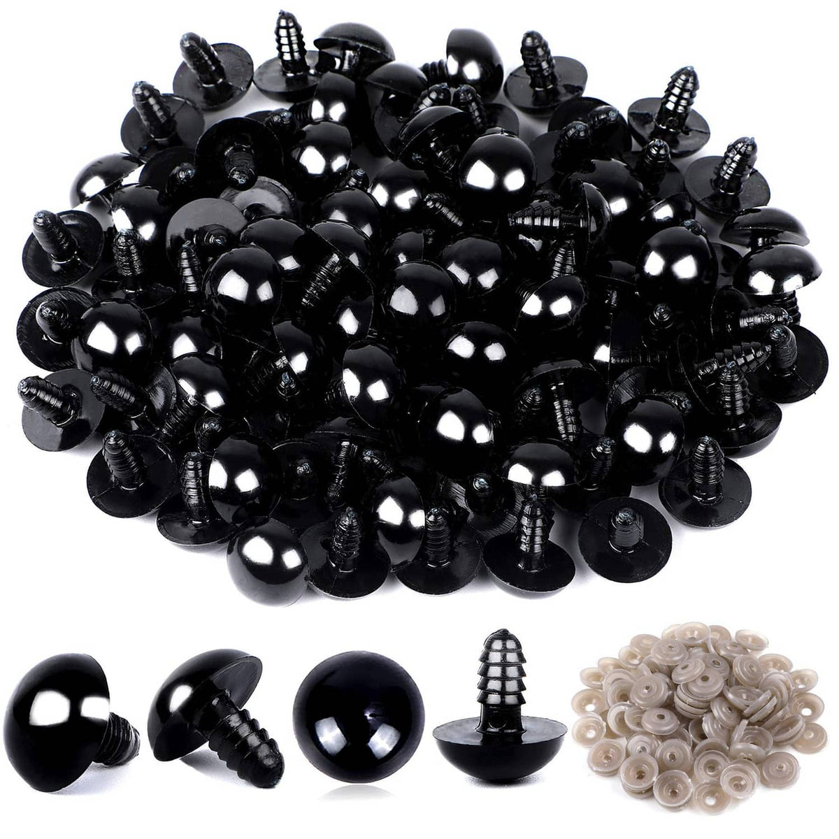Black plastic safety crochet eyes and washers with glossy round front pins