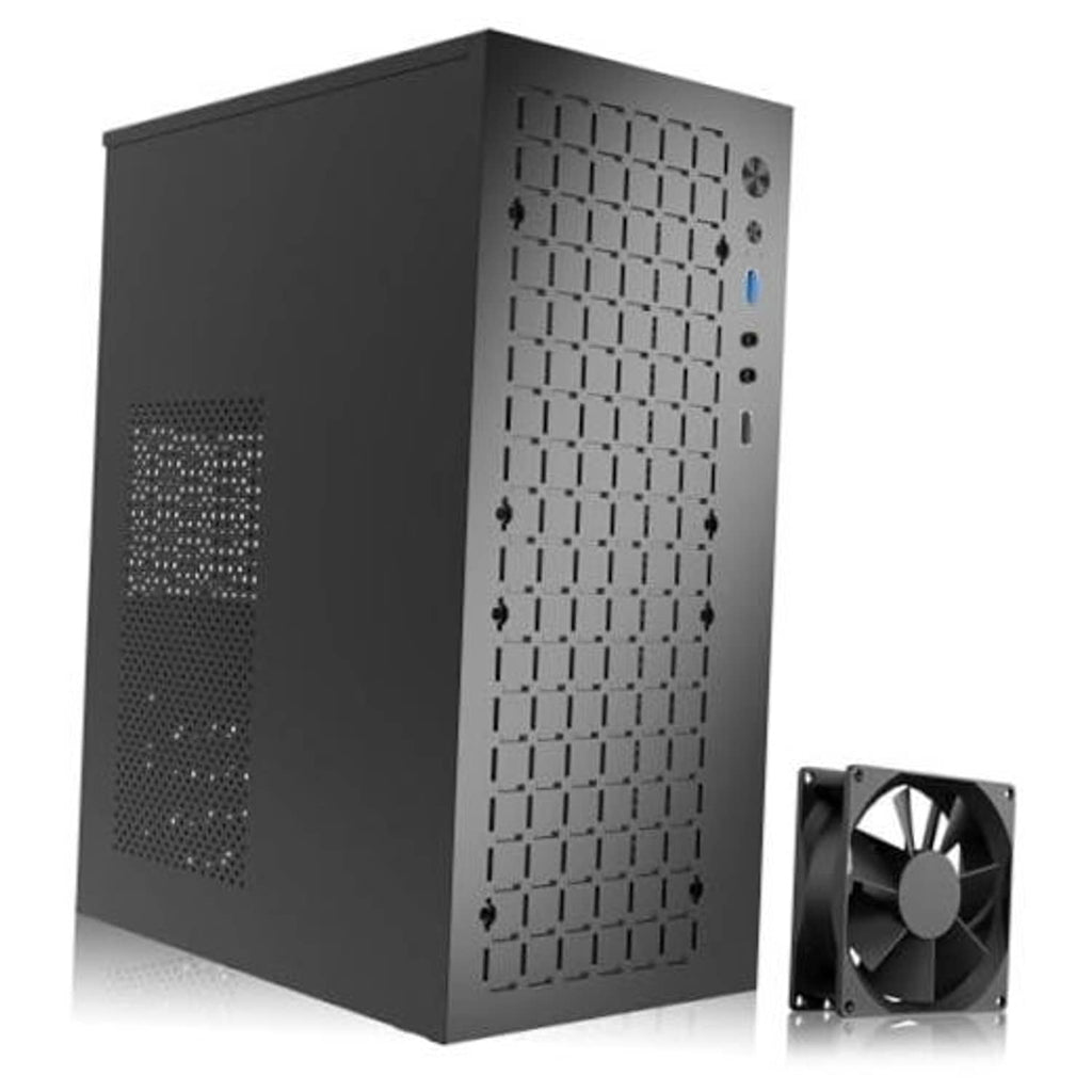 Black micro ATX computer case with perforated front panel and side mesh vents