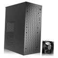 Black micro ATX computer case with perforated front panel and side mesh vents
