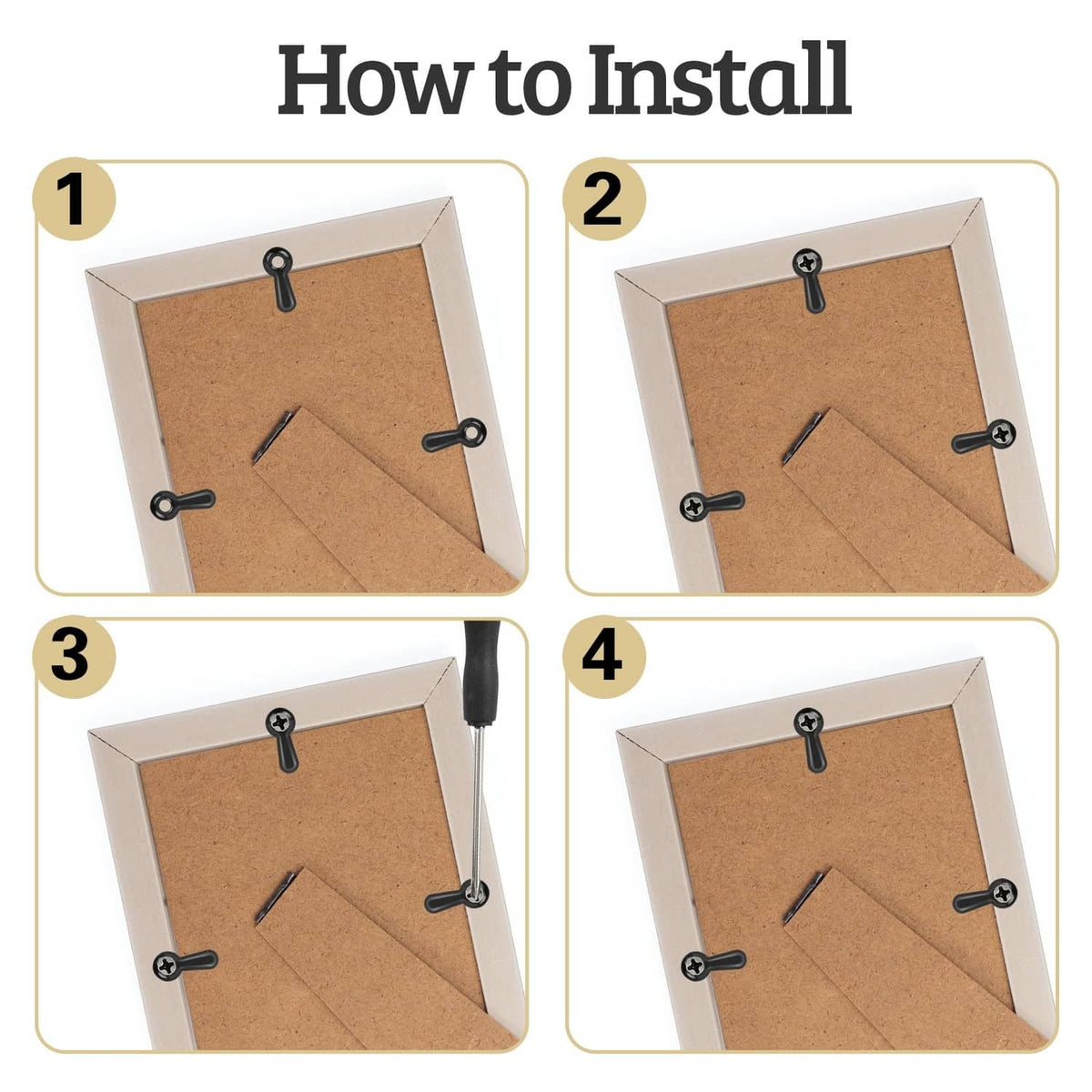 Picture frame back installation steps using black turn button fasteners