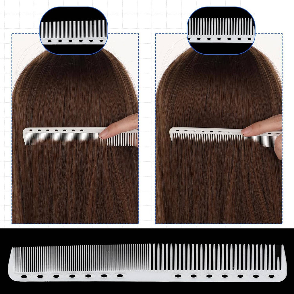 White fine-tooth cutting comb with long handle and vented base row