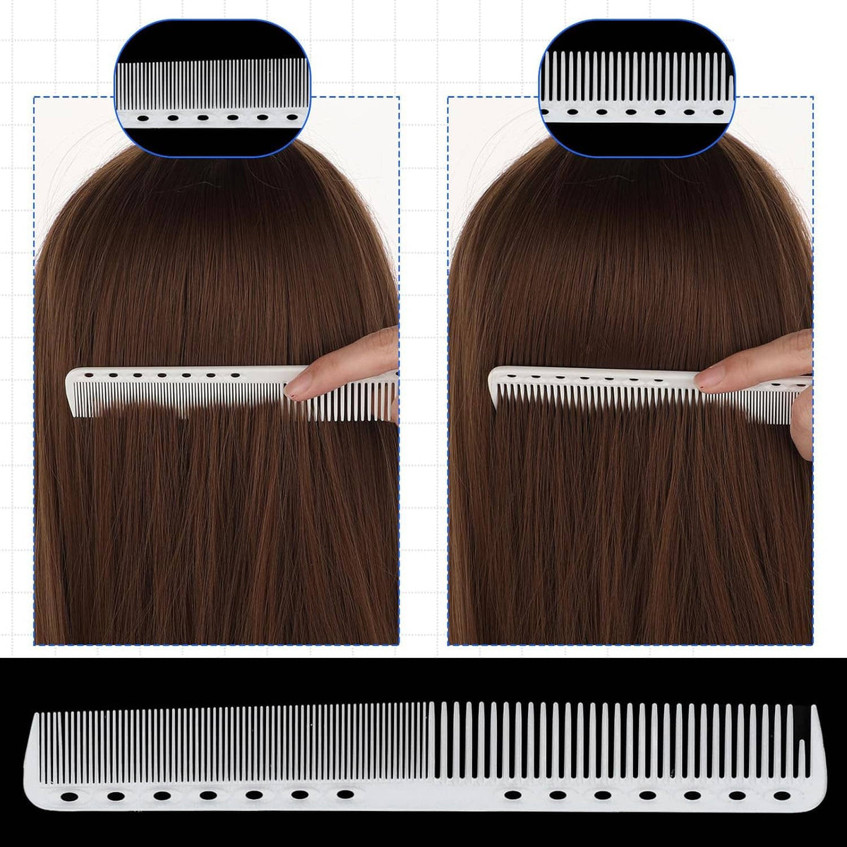 White fine-tooth cutting comb with long handle and vented base row