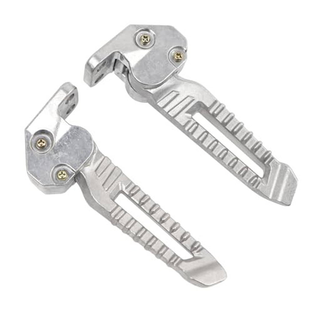Pair of silver folding motorcycle footpegs shown from angled side, ridged tread
