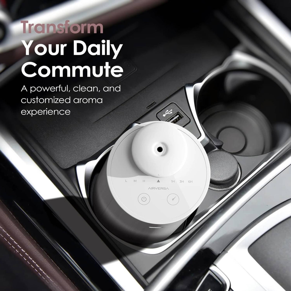 Airversa waterless diffuser placed in a car cupholder with top nozzle and control panel