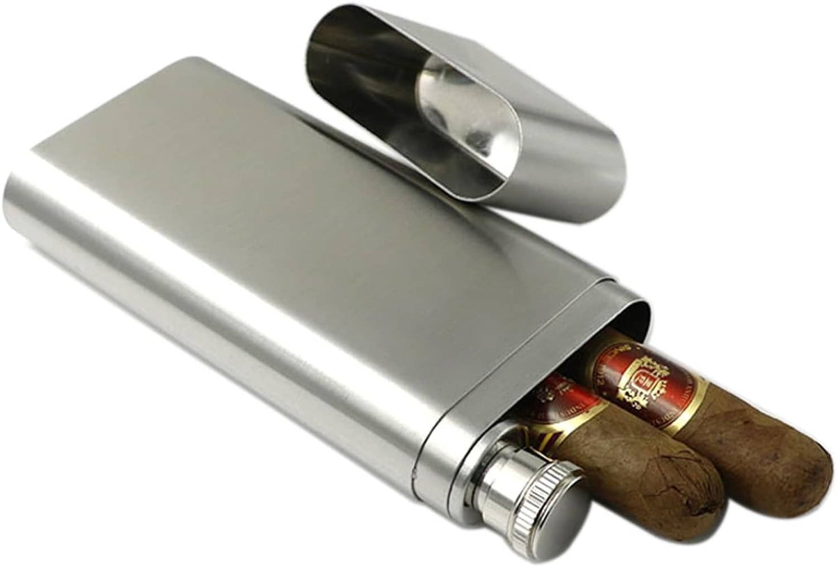 Stainless steel cigar case with 2 oz tube flask and cigar holder