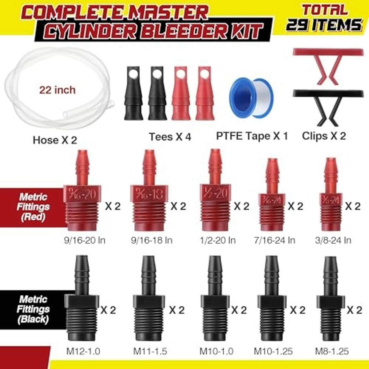 Complete master cylinder bleeder kit set with clear hoses, tees, PTFE tape, and clips
