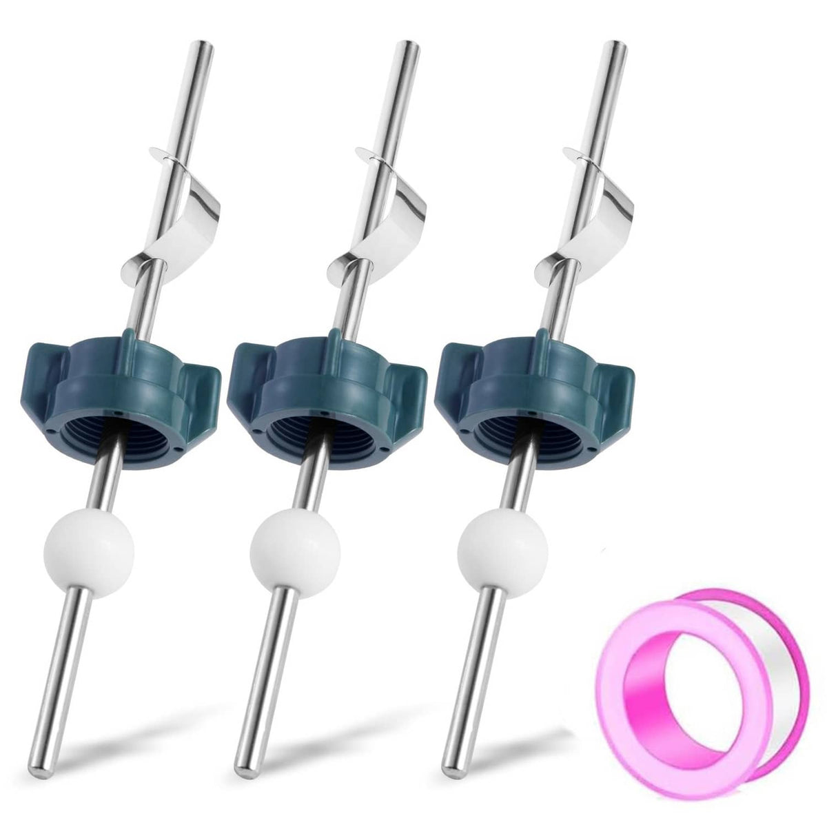 Set of three pop-up drain assemblies with blue clips and white ball ends