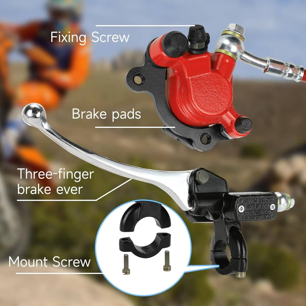Hydraulic mini bike brake lever and red caliper with brake pads and mounting hardware