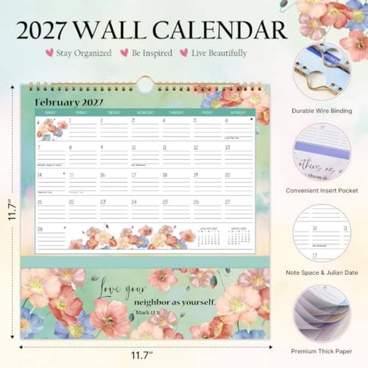 2027 wall calendar with February grid, floral cover, hanging loop and pocket insert