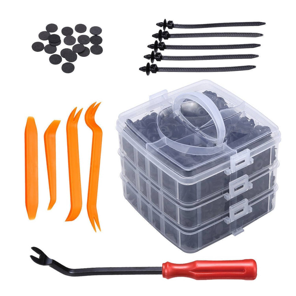 Car trim clip kit with organizer case, orange pry tools, and black fastener pieces
