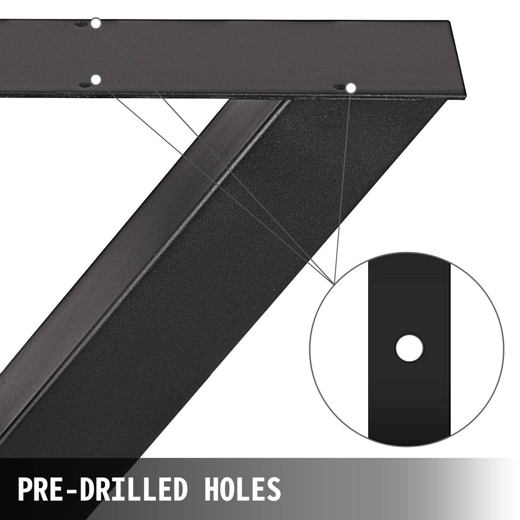 Black metal table leg with pre-drilled mounting holes, X-frame design