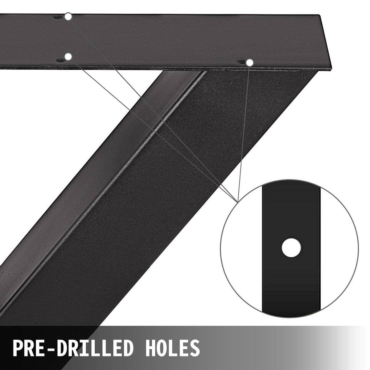 Black metal table leg with pre-drilled mounting holes, X-frame design