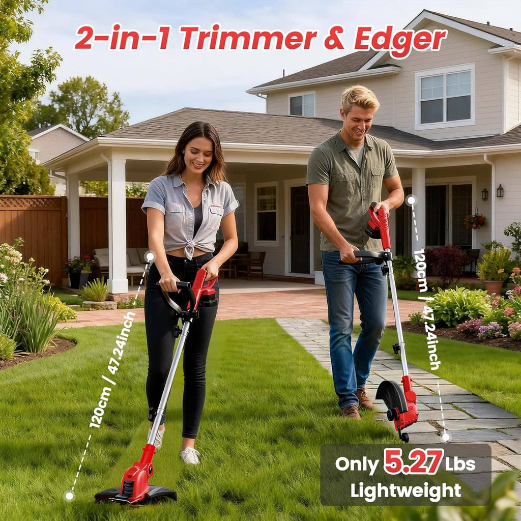 Cordless trimmer and edger with red cutting head, silver shaft, and black side guard