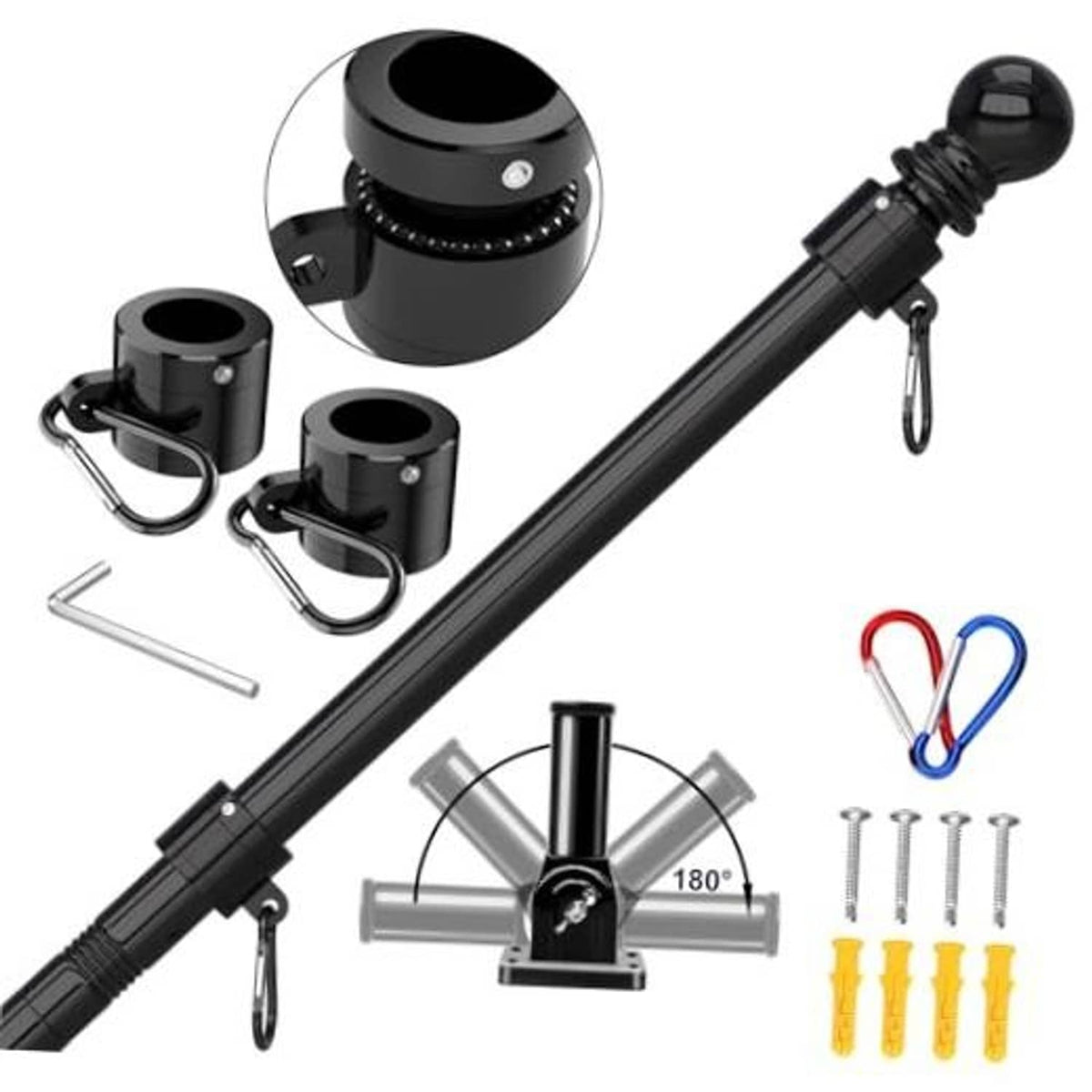 Black rotating flag pole kit with 7 ft pole, base, clips, and mounting hardware