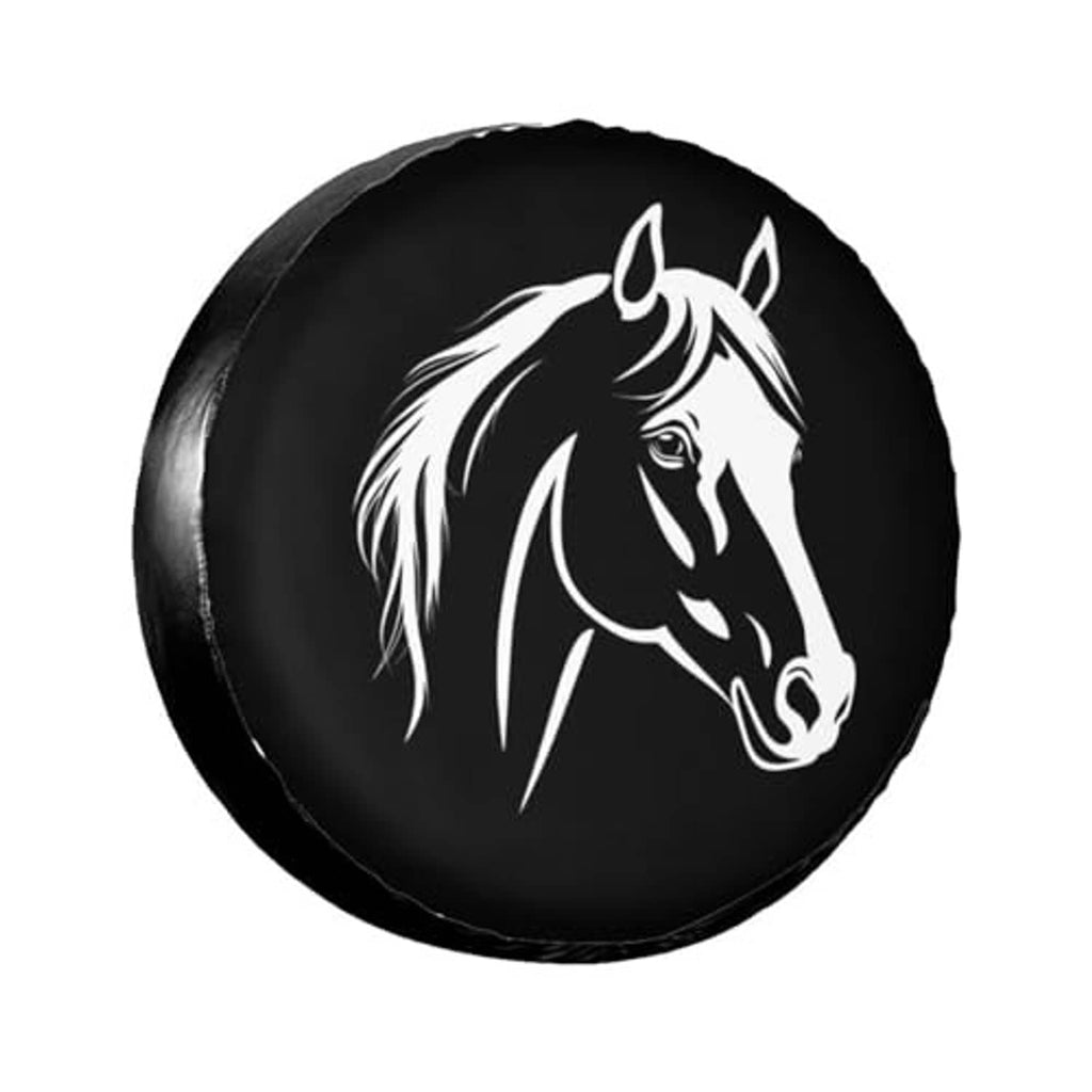 Black circular spare tire cover with centered white horse head emblem