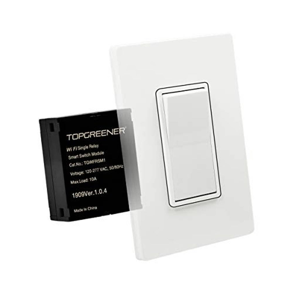 Black Wi‑Fi relay module with label, paired with a white rectangular wall switch