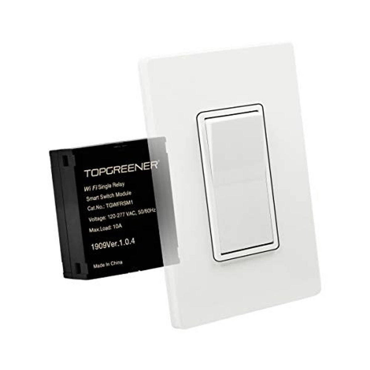 Black Wi‑Fi relay module with label, paired with a white rectangular wall switch