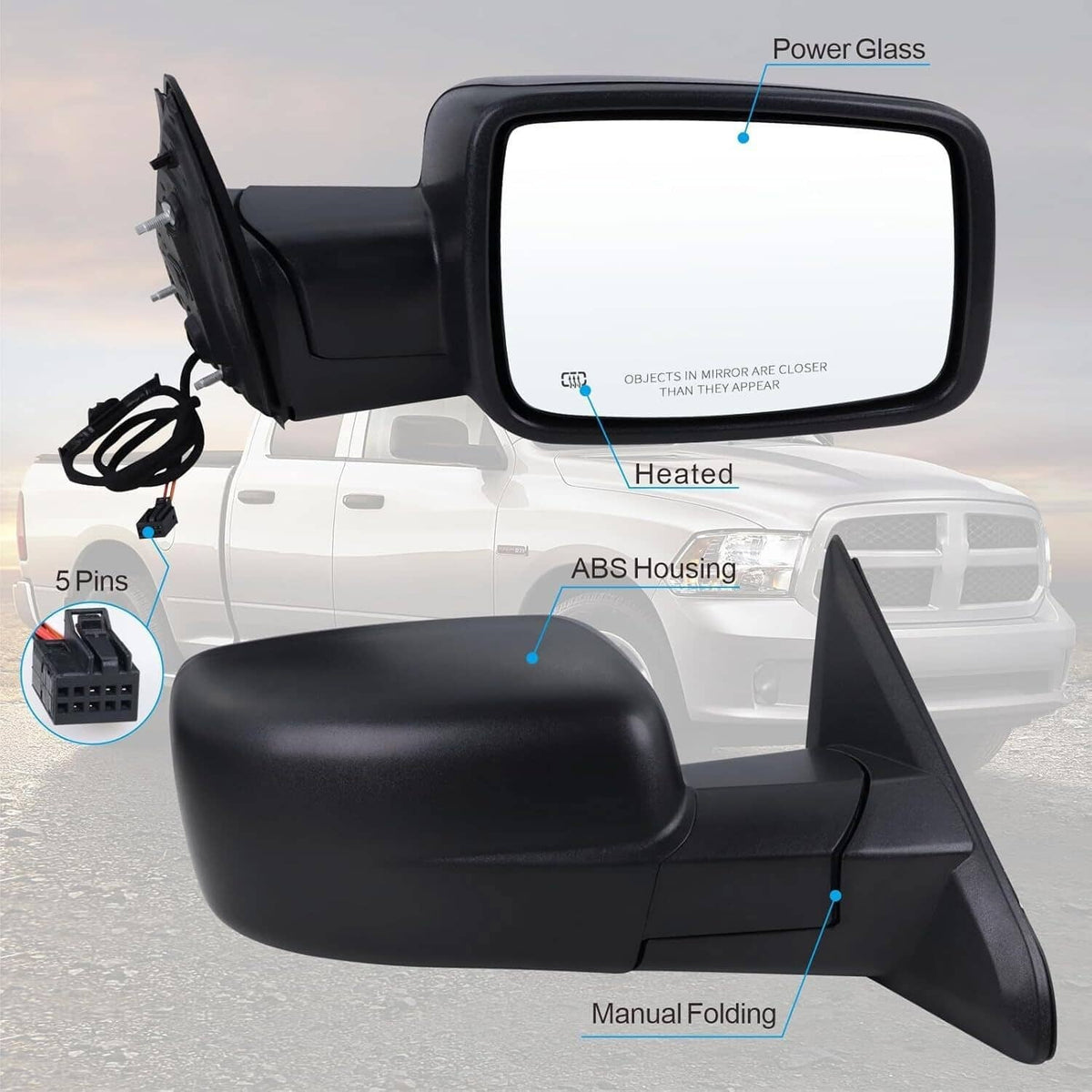 Black heated power side mirror with manual folding and turn signal light