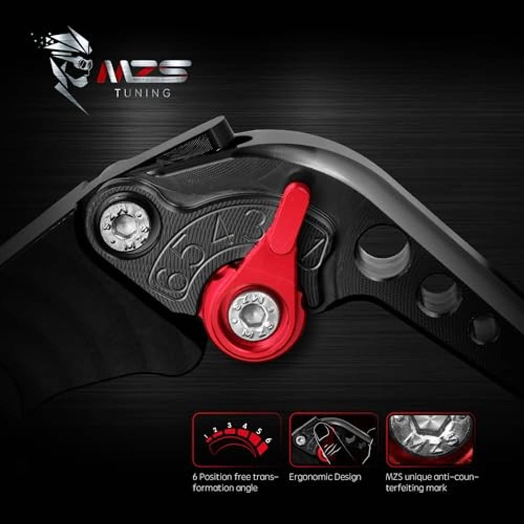 Brake lever handle with ergonomic black grip and red pivot dial, silver hardware