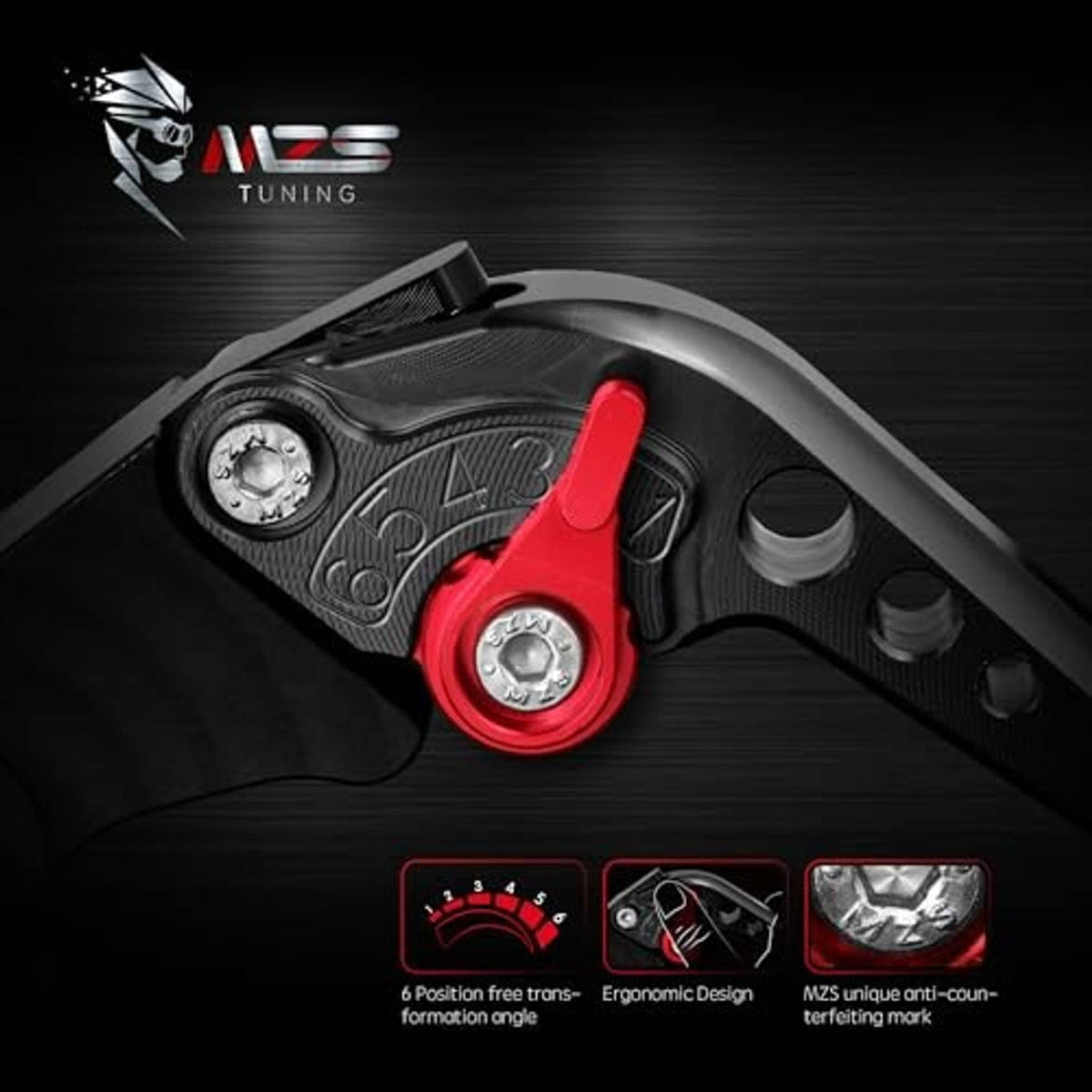 Brake lever handle with ergonomic black grip and red pivot dial, silver hardware