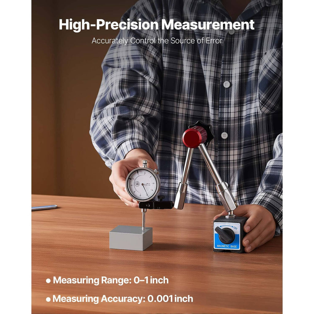 Dial test indicator on magnetic base measuring on a workbench with a red push probe