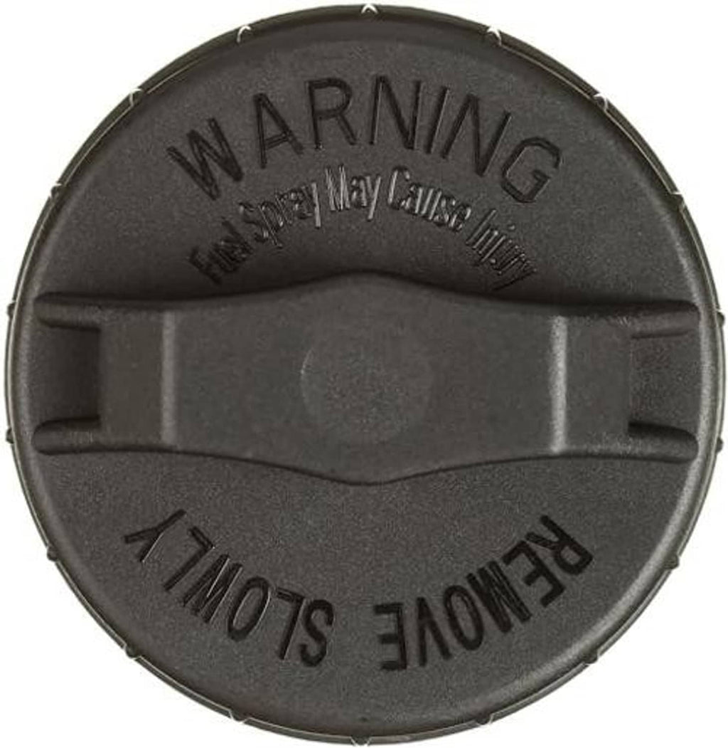 Black fuel tank cap underside with molded warning and instruction text, OE-style