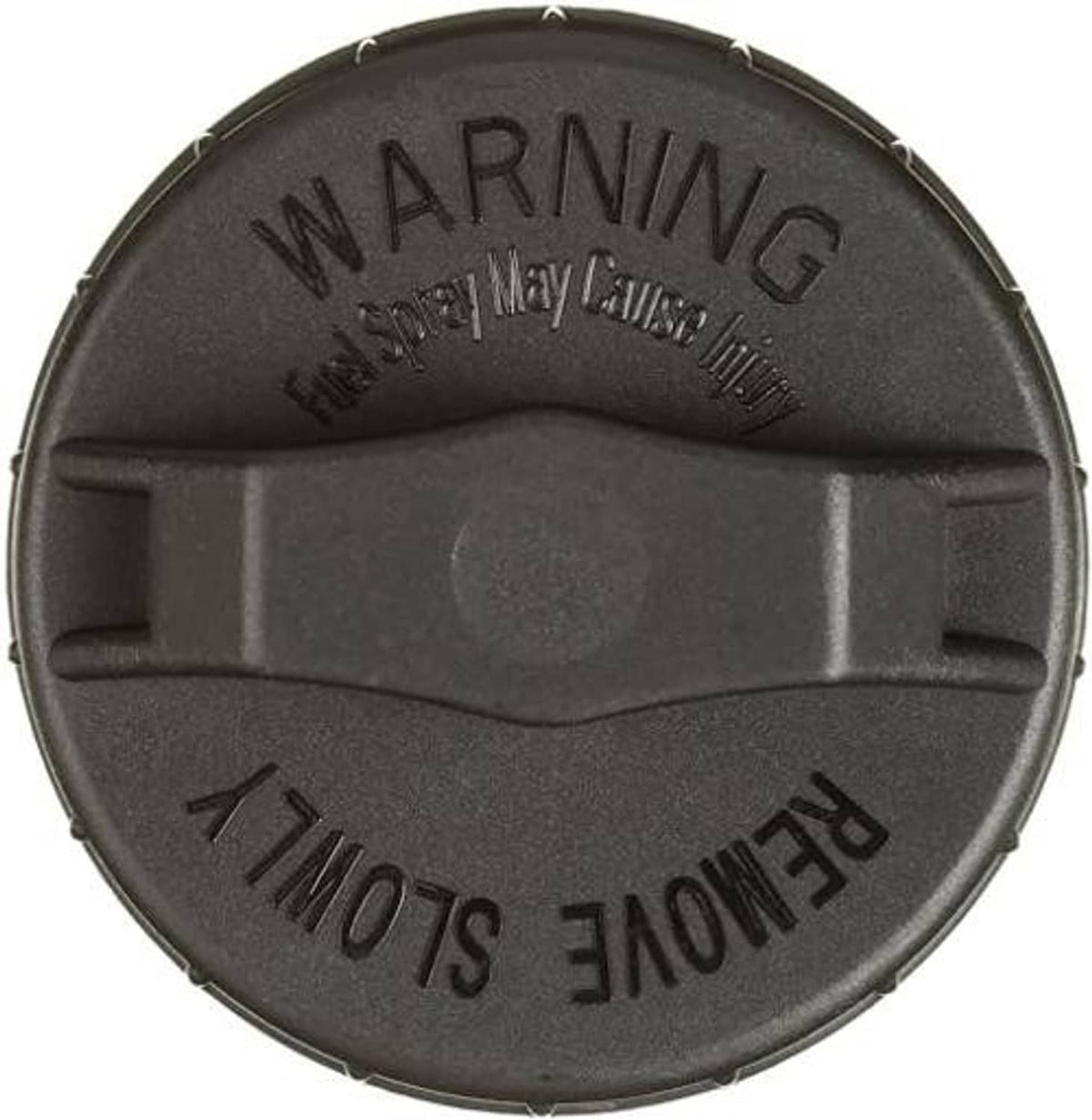 Black fuel tank cap underside with molded warning and instruction text, OE-style