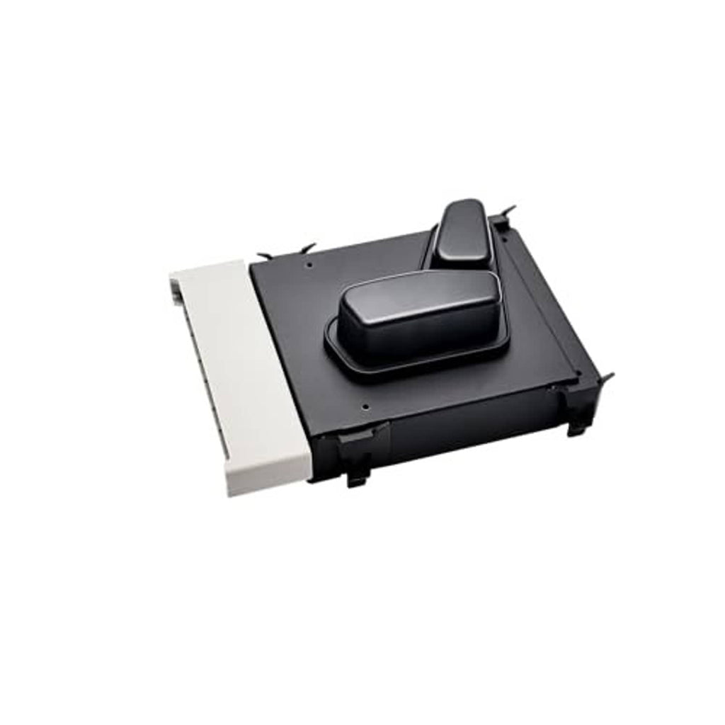 Power seat switch module with black rocker on gray mounting base, side profile view